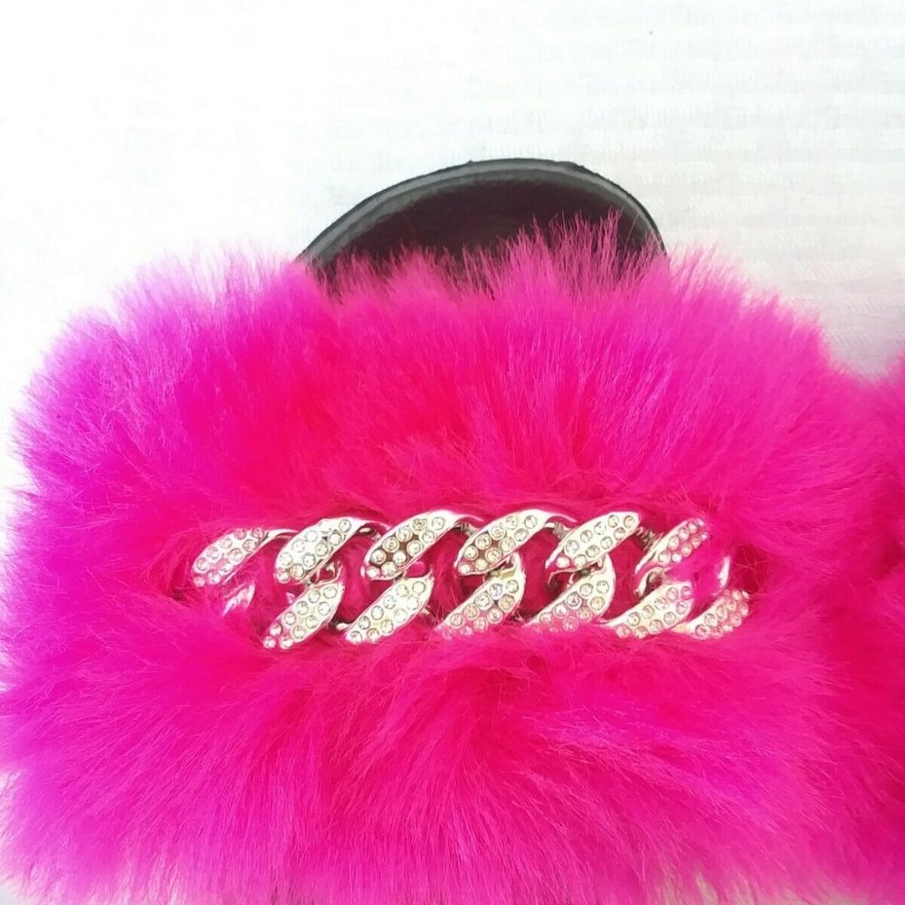 Fuchsia Faux Fur Slides/Slippers/With Chain - Picture 4 of 7